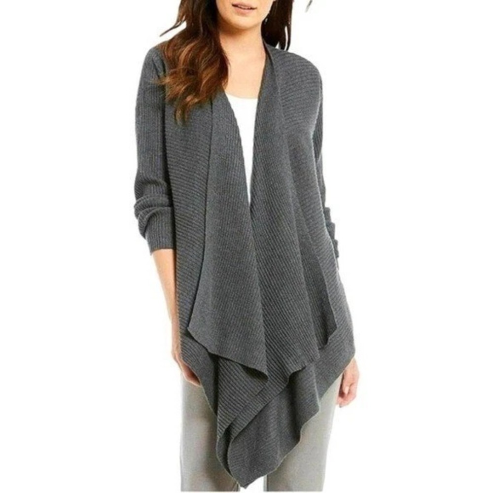 EILEEN FISHER Sz M 100% Wool Gray Ribbed Waterfall Draped Cardigan Coastal